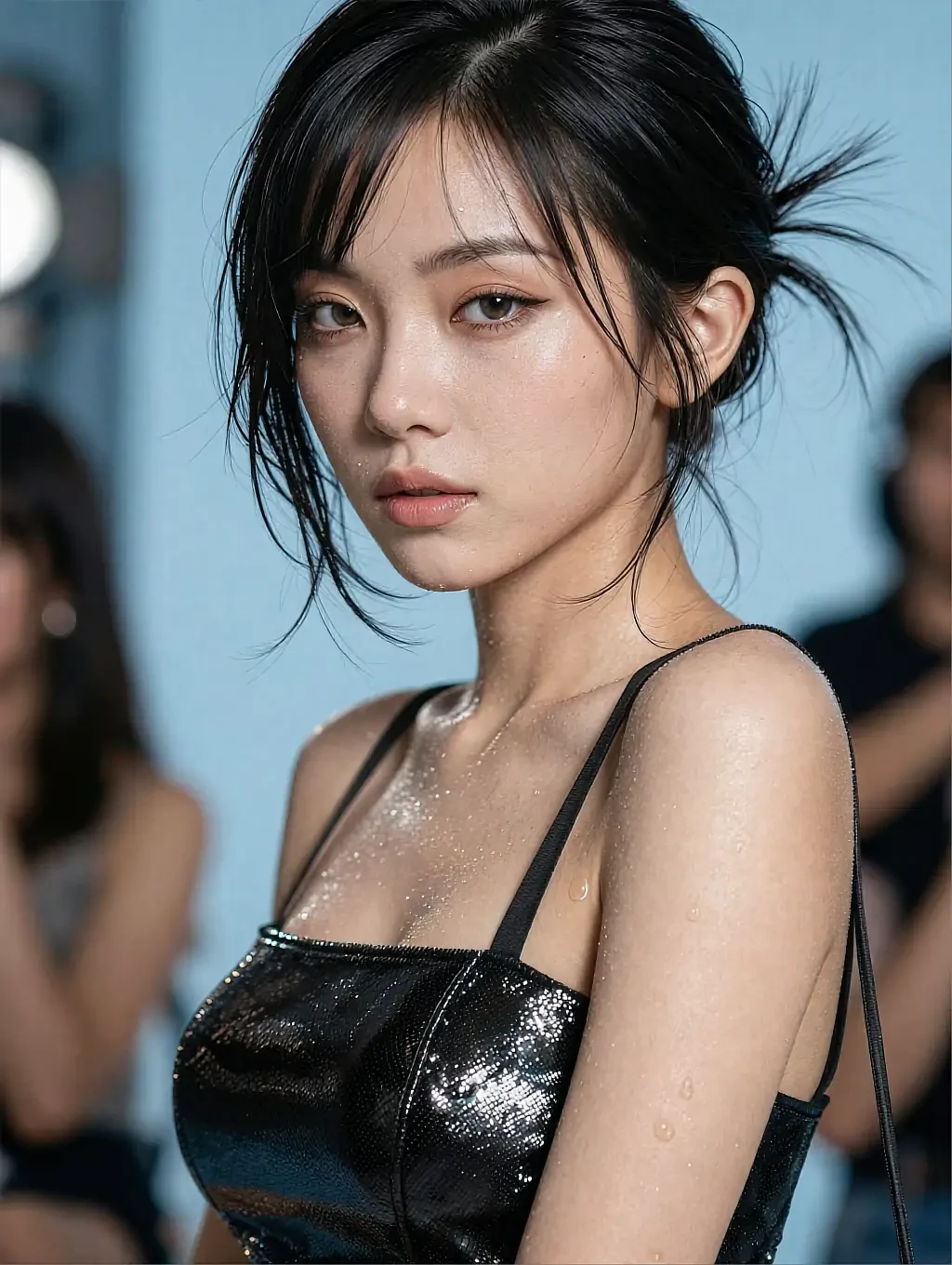 Fictional AI character in a black satin top with pinned-up hair, dark figures blurred behind her