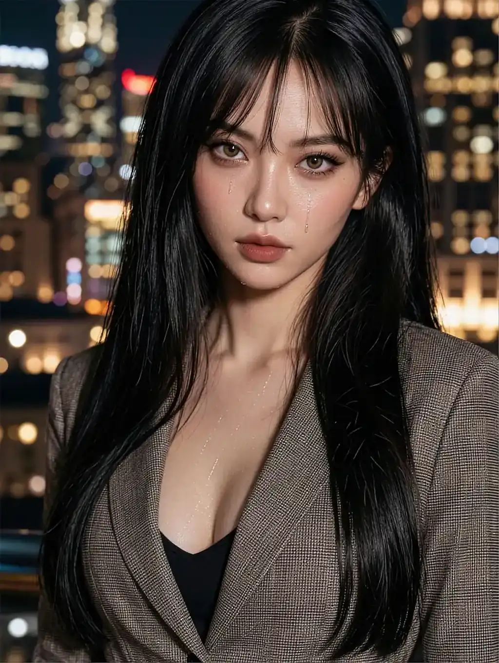 Fictional AI character in a long grey cardigan, a night skyline behind her