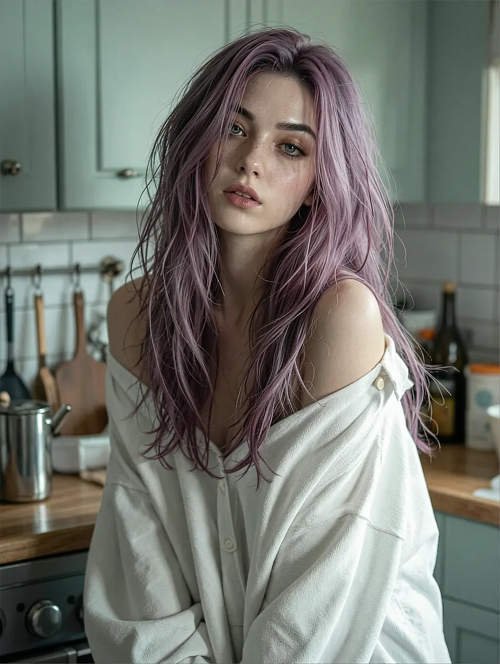 Fictional AI character with lavender hair in a white shirt slipped off one shoulder, standing in a kitchen