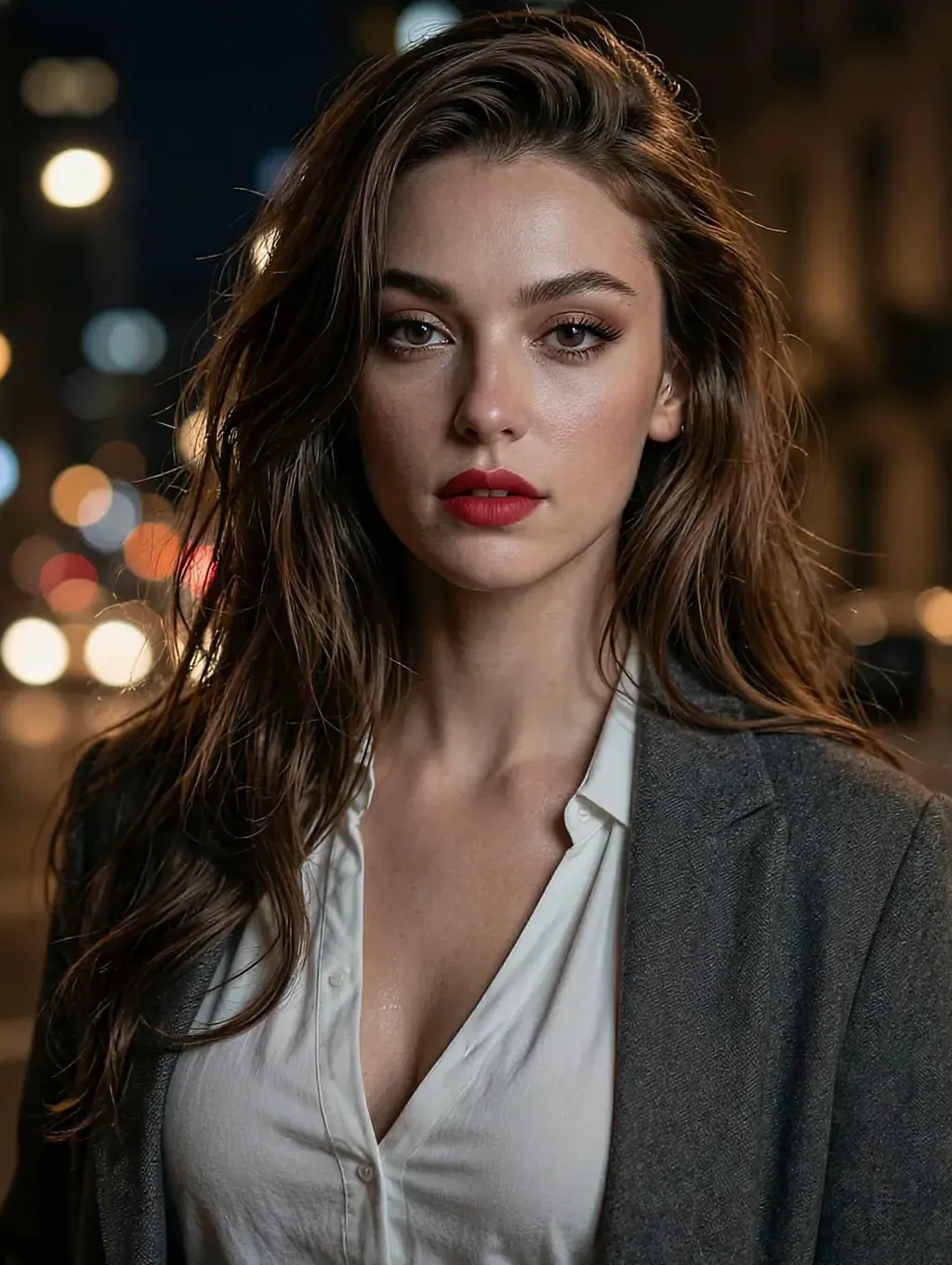 Fictional AI character in a grey blazer over an unbuttoned white shirt, street lights blurred behind her at night