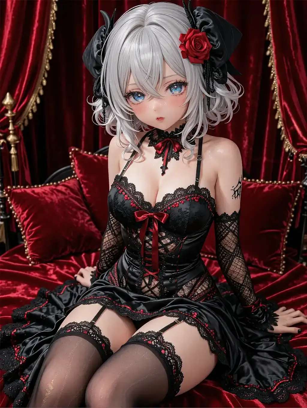 Doll-like fictional AI character with white hair in a black lace costume, posed on a red velvet chair